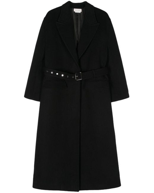 Manteau long en laise mélangée à taille ceinturée Alexander McQueen en coloris Black