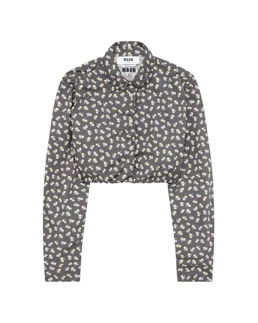 MSGM White Floral-Print Cropped Shirt