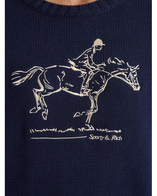 Sporty & Rich Blue Equestrian-Embroidered Crew-Neck Sweater