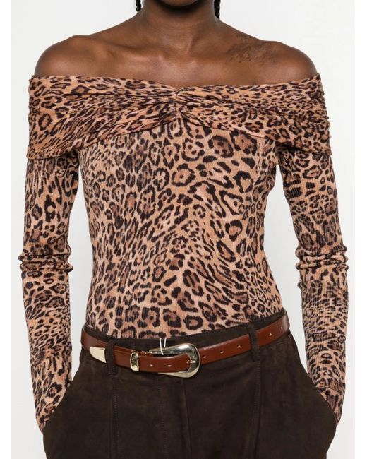 Twinset Brown Schulterfreier Pullover mit Leoparden-Print