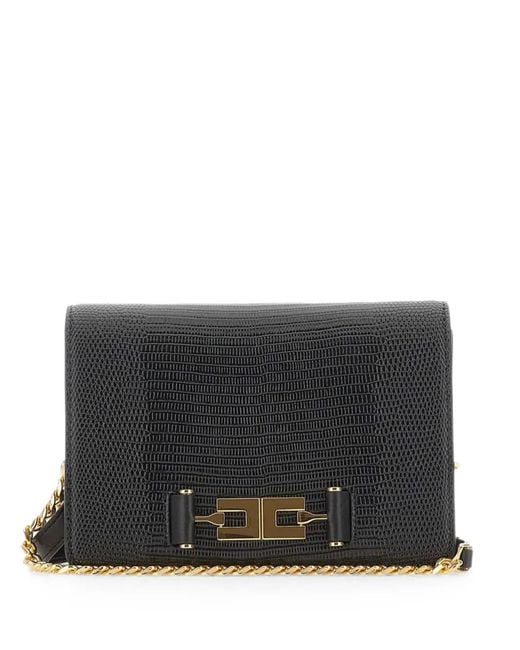 Elisabetta Franchi Black Lizard-Effect Logo-Plaque Shoulder Bag