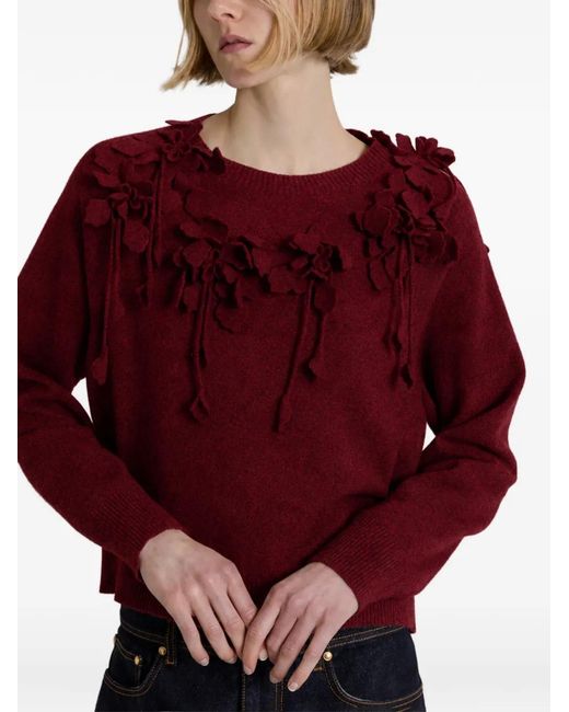 Alberta Ferretti Red Floral-Appliqué Wool Sweater