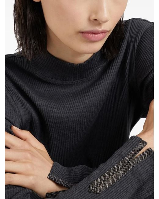 Brunello Cucinelli Blue Roll-Neck Ribbed Jersey Top