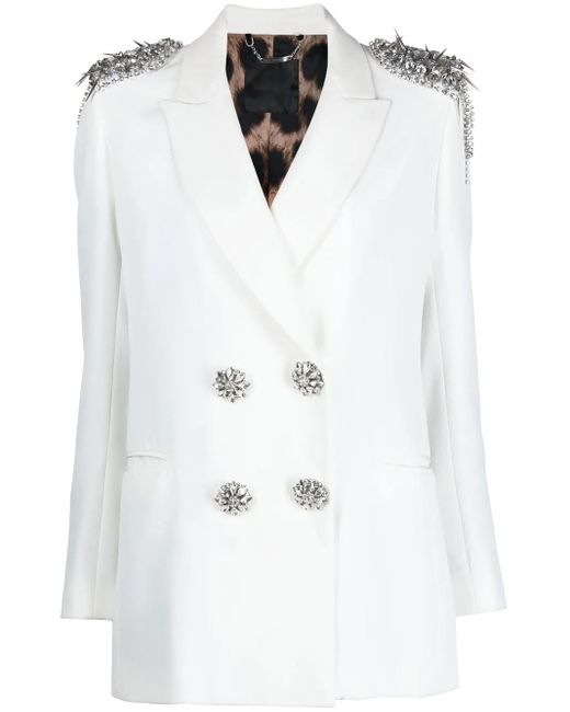 Philipp Plein White Crystal-Embellished Double-Breasted Blazer