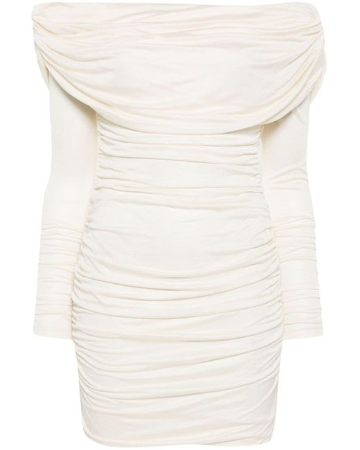 Blumarine Natural Off-Shoulder Ruched Mini Dress
