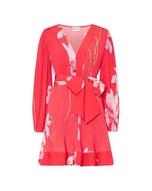 MILLY Pink Liv Floral-Print Pleated Mini Dress