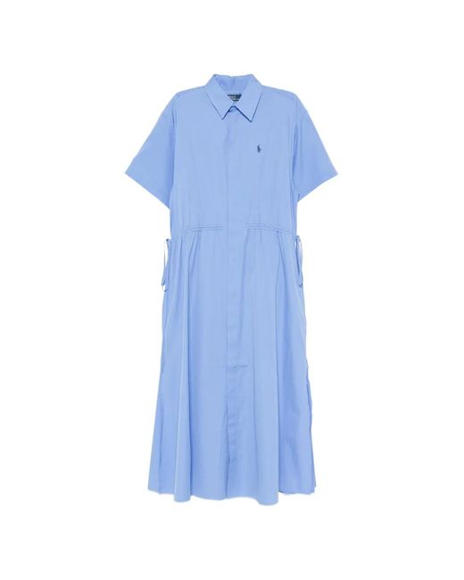 Polo Ralph Lauren Blue Logo-Embroidered Drawstring-Waist Midi Shirt Dress