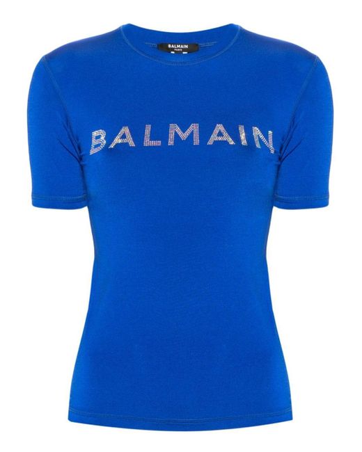 Balmain Blue T-Shirt mit Kristall-Logo