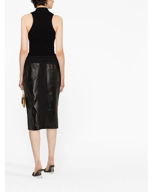 Tom Ford Black Panelled Leather And Cotton-Blend Jersey Midi Skirt