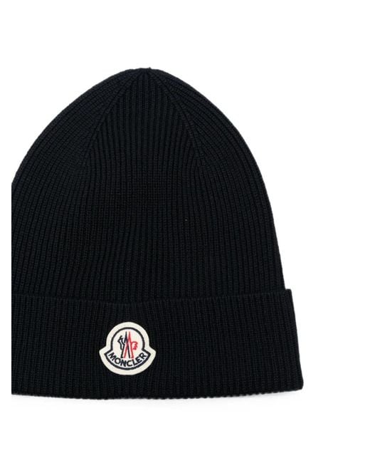 Moncler Black Logo-Patch Ribbed-Knit Beanie Hat for men