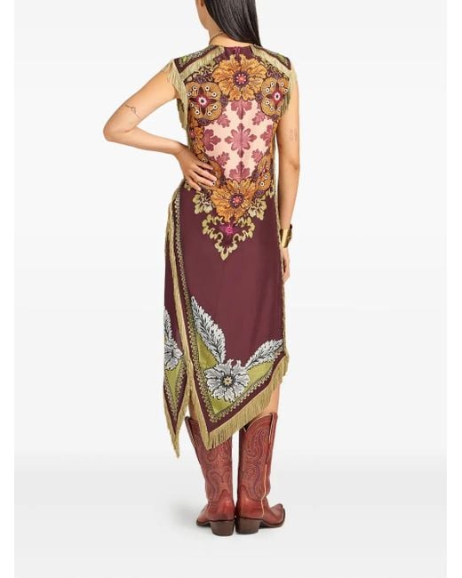 LaDoubleJ Red Floral-Print Fringe Asymmetric Day Dress