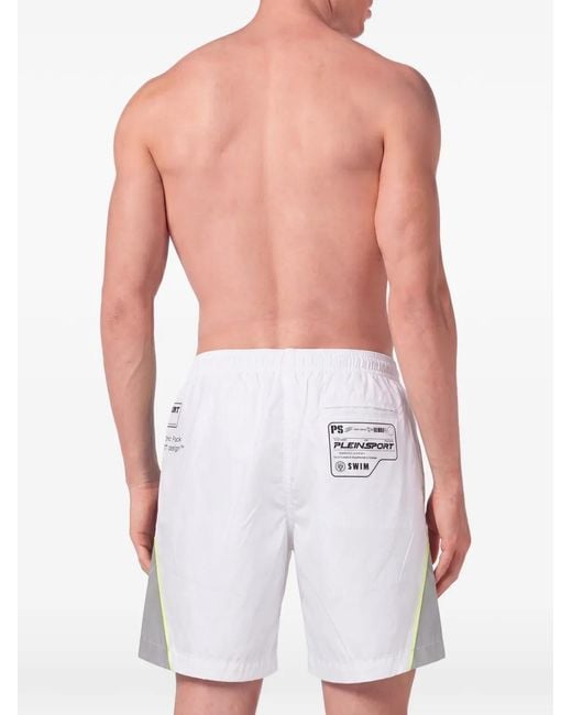 Philipp Plein White Logo-Print Panelled Swim Shorts for men