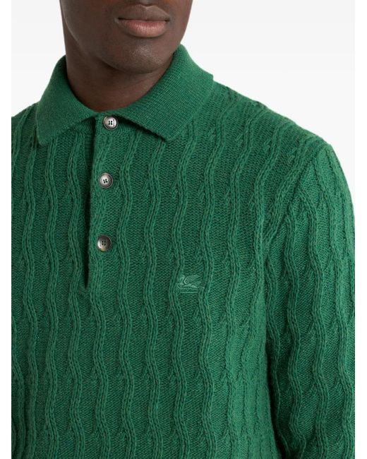 Etro Green Pull Style Polo En Cachemire Avec Motif Ondulé for men