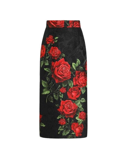 Dolce & Gabbana Red Rose-Print Brocade Skirt