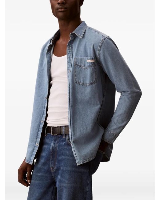 Calvin Klein Blue Long-Sleeved Chest-Pocket Shirt for men