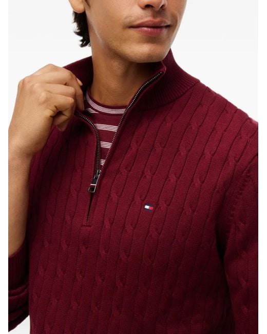 Tommy Hilfiger Red Cable Knit Quarter Zip Jumper for men