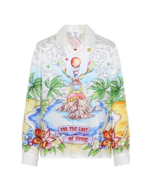 Casablanca White Flowers Long Sleeve Silk Twill Shirt for men