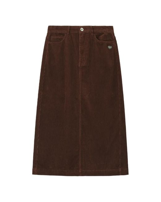 Chocoolate Brown Corduroy Heart-Motif Midi Skirt