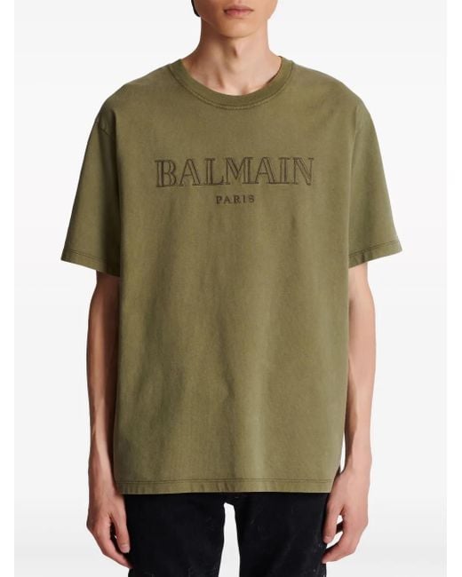 Camiseta con logo bordado Balmain de hombre de color Green