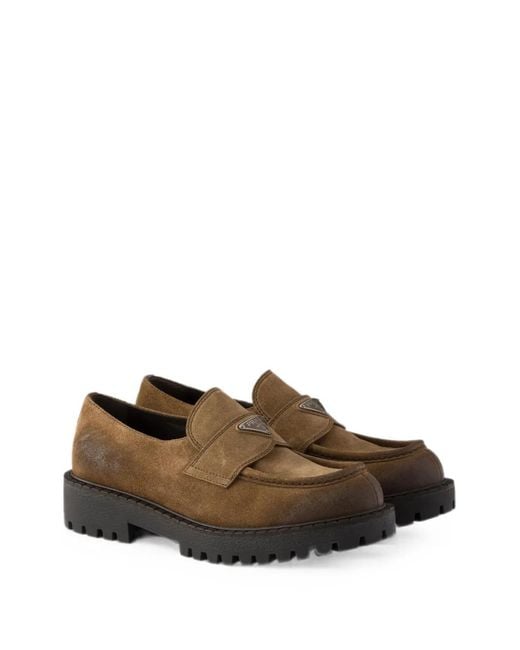 Prada Brown Aged Suede Loafers for men