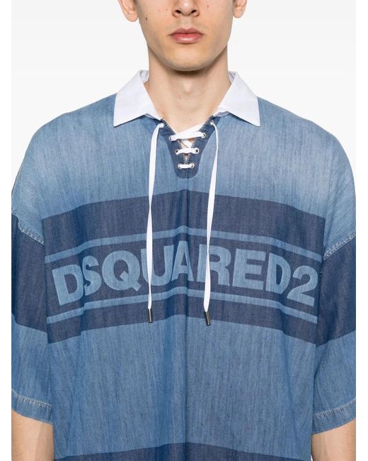 DSquared² Blue Logo-Print Denim Polo Shirt for men