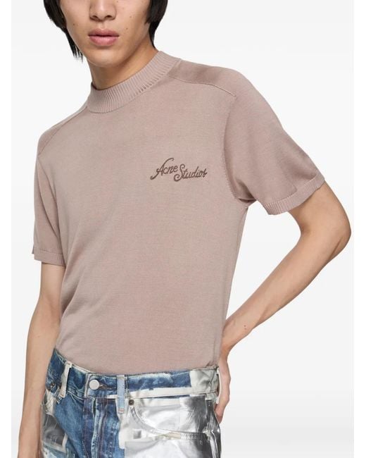 Acne Pink Embroidered Knitted T-Shirt for men