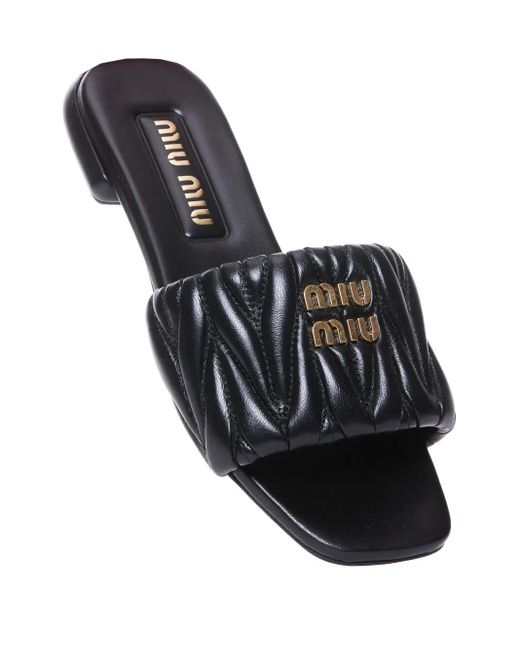 Miu Miu Black Matelassé Logo-Plaque Sandals