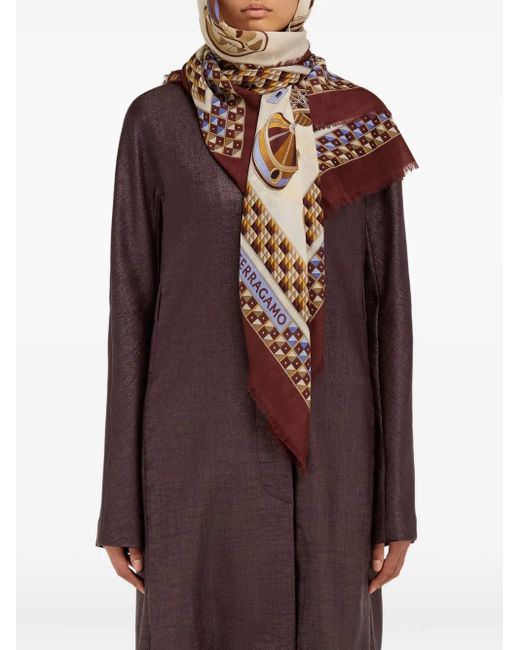 Ferragamo Brown Geometrical Renaissance Print-Cashmere Shawl