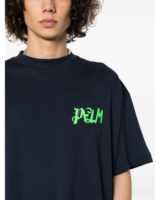 Palm Angels Blue Logo-print Cotton T-shirt for men