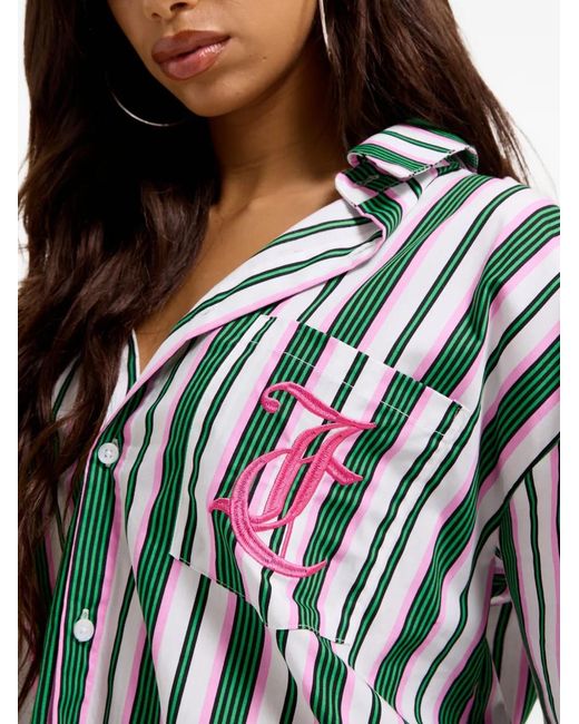 Juicy Couture Green Striped Embroidered-Logo Pajama Shirt