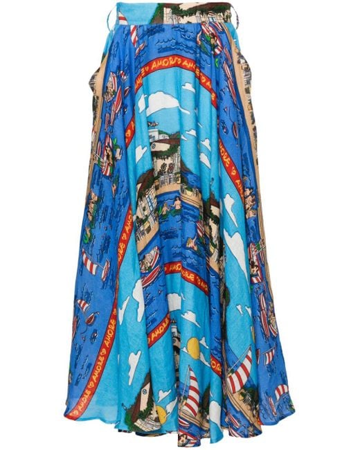 ALESSANDRO ENRIQUEZ Blue St. Marzamemi-print Linen Skirt