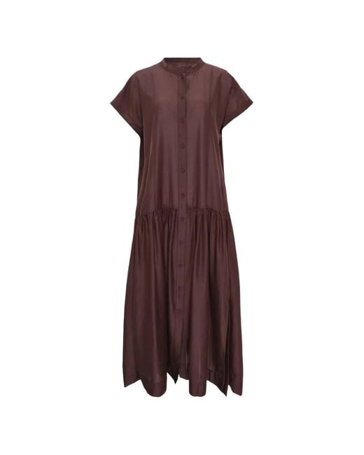 Lee Mathews Brown Bonnie Button Shirred Midi Dress