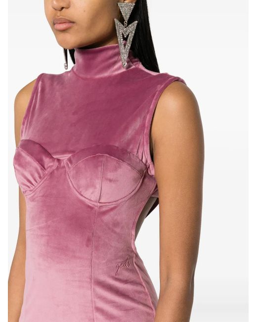 Gcds Pink Logo-Embroidered Open-Back Velvet Minidress