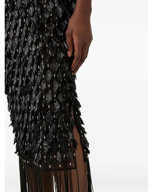 Elisabetta Franchi Black Skirt With 3D Embroideries And Fringes