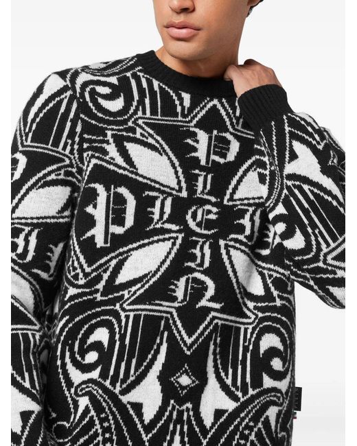 Philipp Plein Black Cross-Pattern Lambswool Pullover Sweater for men