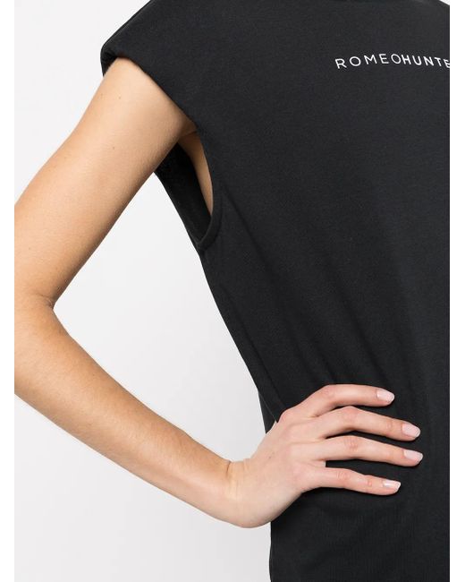 ROMEO HUNTE Black Logo-Print Padded-Shoulder T-Shirt