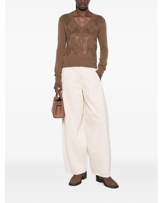 Max Mara Brown Argyle-Pattern Stud-Embellished Sweater