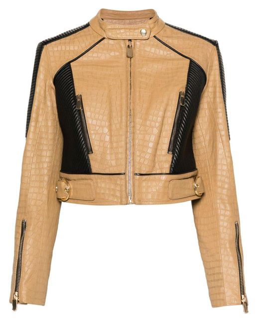 Pinko Brown Colour-block Panelled Leather Jacket