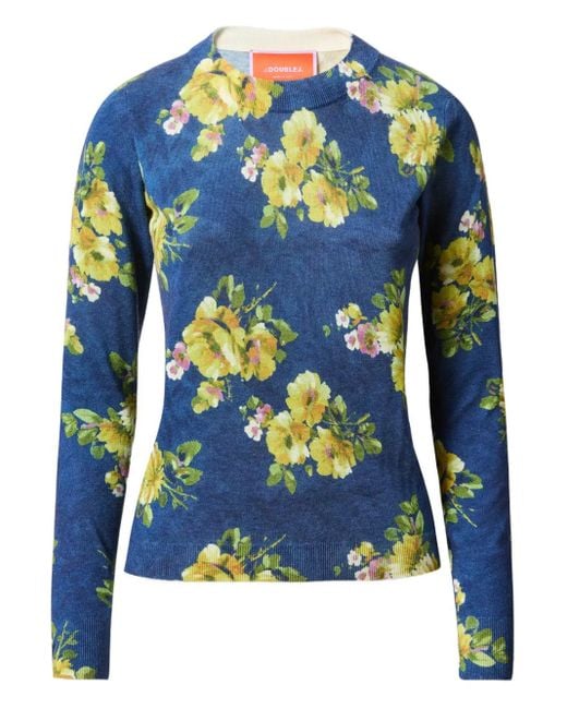 LaDoubleJ Blue Floral-Print Crew-Neck Sweater