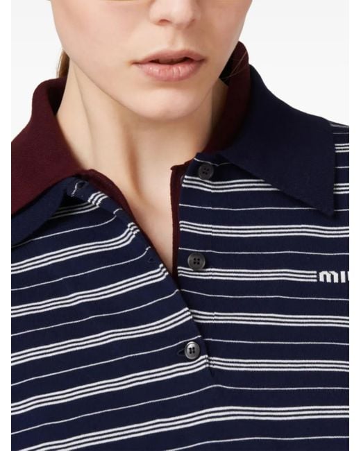 Miu Miu Blue Logo-Print Striped Polo Top