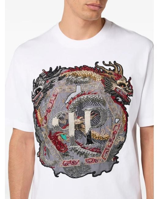 Philipp Plein White Round-Neck Dragon-Motif T-Shirt for men