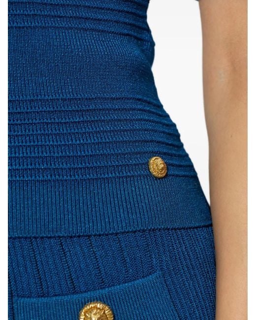Balmain Blue Sheer-Panelled Lion-Head Top