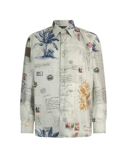 Billionaire Gray Letter Button-Down Silk Shirt for men