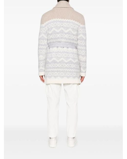 Eleventy White Patterned-Jacquard Belted Cardigan for men