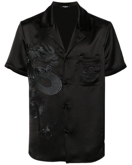 Balmain Satinhemd mit Drachenstickerei in Black für Herren