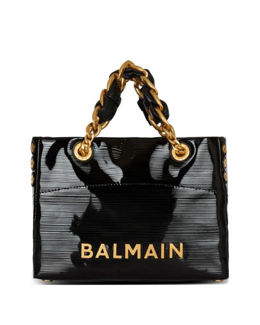 Borsa shopper 1945 soft small in pelle verniciata striata di Balmain in Black