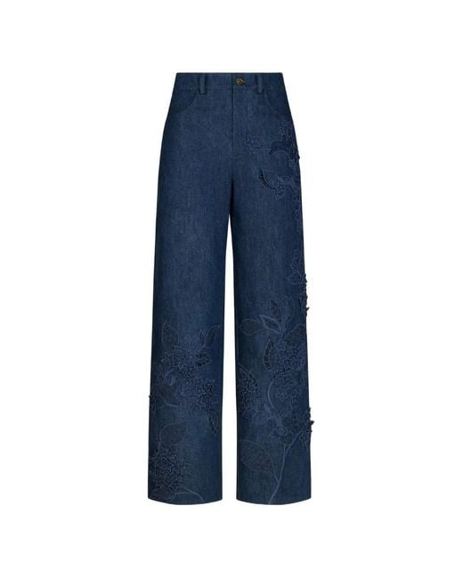 Oscar de la Renta Blue Flower-Detail Denim Jeans