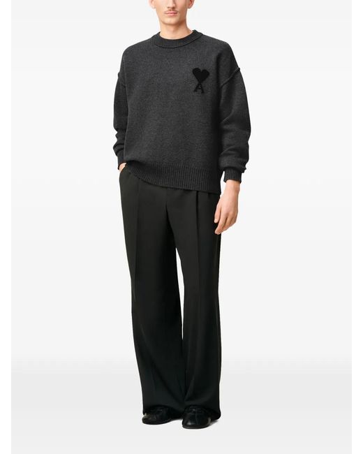 AMI Gray Ami De Coeur Crew-Neck Wool Sweater