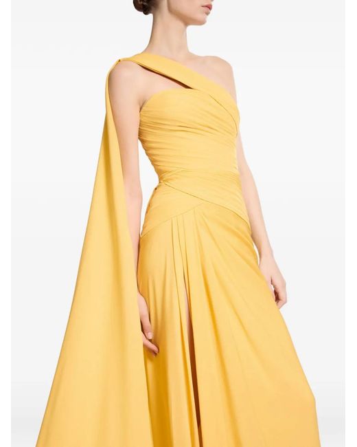Elie Saab Metallic One-Shoulder Draped Silk Maxi Dress