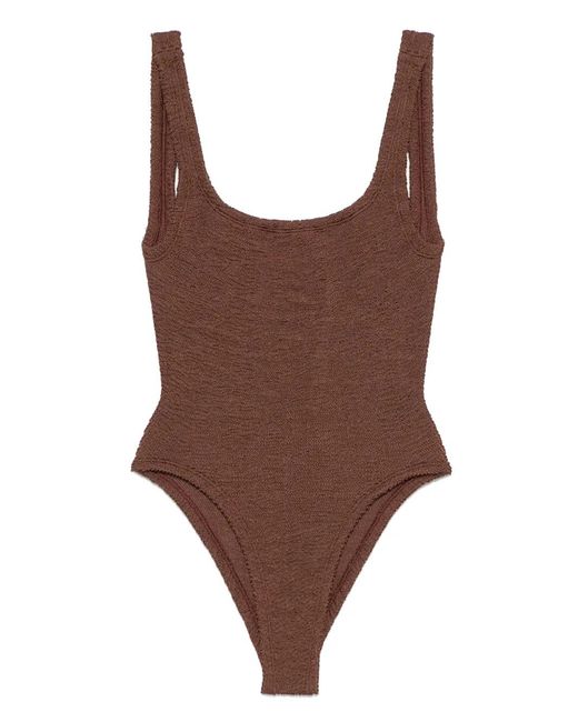 Hunza G Brown Square-Neck Crinkle-Effect Swimsuit